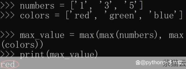 max 函数不仅可以用于数值列表，对于包含其他数据类型的可迭代对象也同样适用，对于一个包含字符串的列表，它会按照字符串的字典顺序找出最大值。