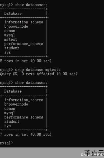 我们通过一个示例来演示如何删除数据库，假设我们要删除名为my_database的数据库，我们可以在 MySQL 命令行中输入以下命令：