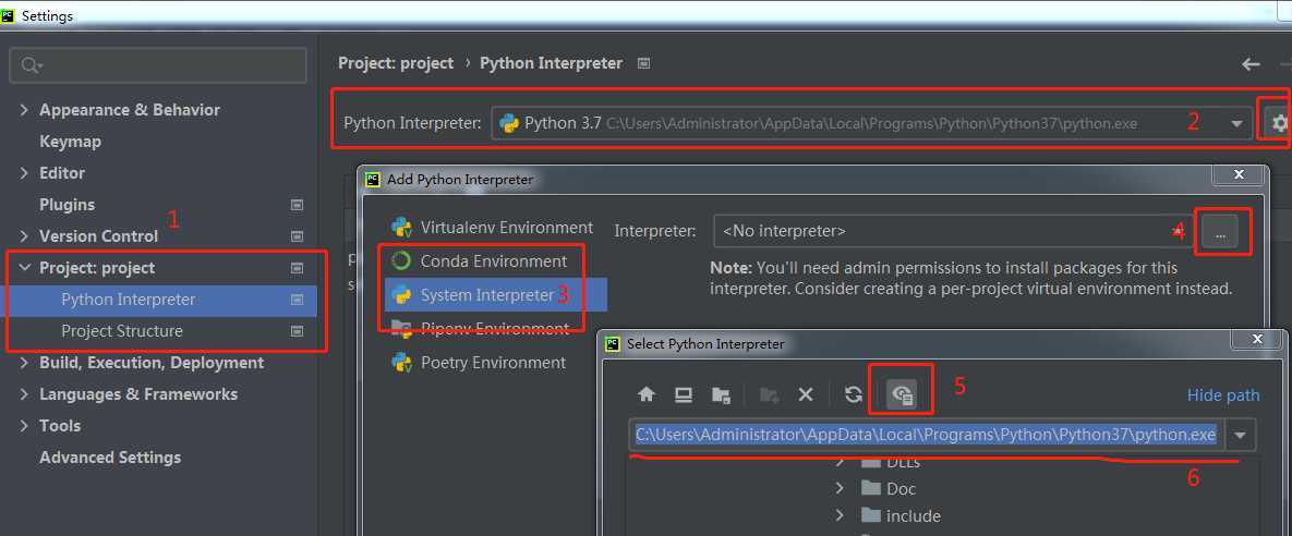 第二步，在 Pycharm 中正确配置解释器路径，打开 Pycharm，依次点击“File”->“Settings”->“Project: [项目名称]”->“Python Interpreter”，在右侧的窗口中点击“Add”按钮，然后选择“Existing environment”，并在路径栏中输入正确的 Python 解释器路径。